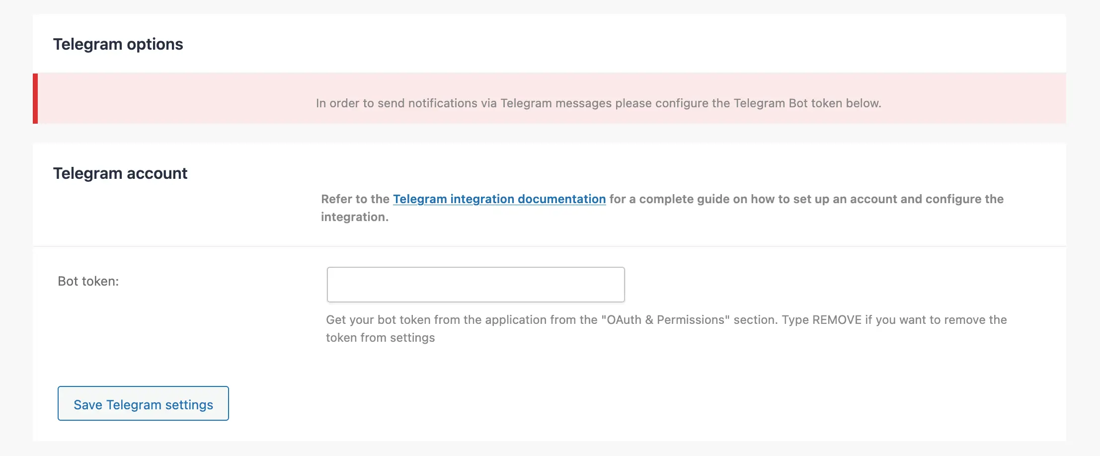 Put the Telegram token in the plugin settings