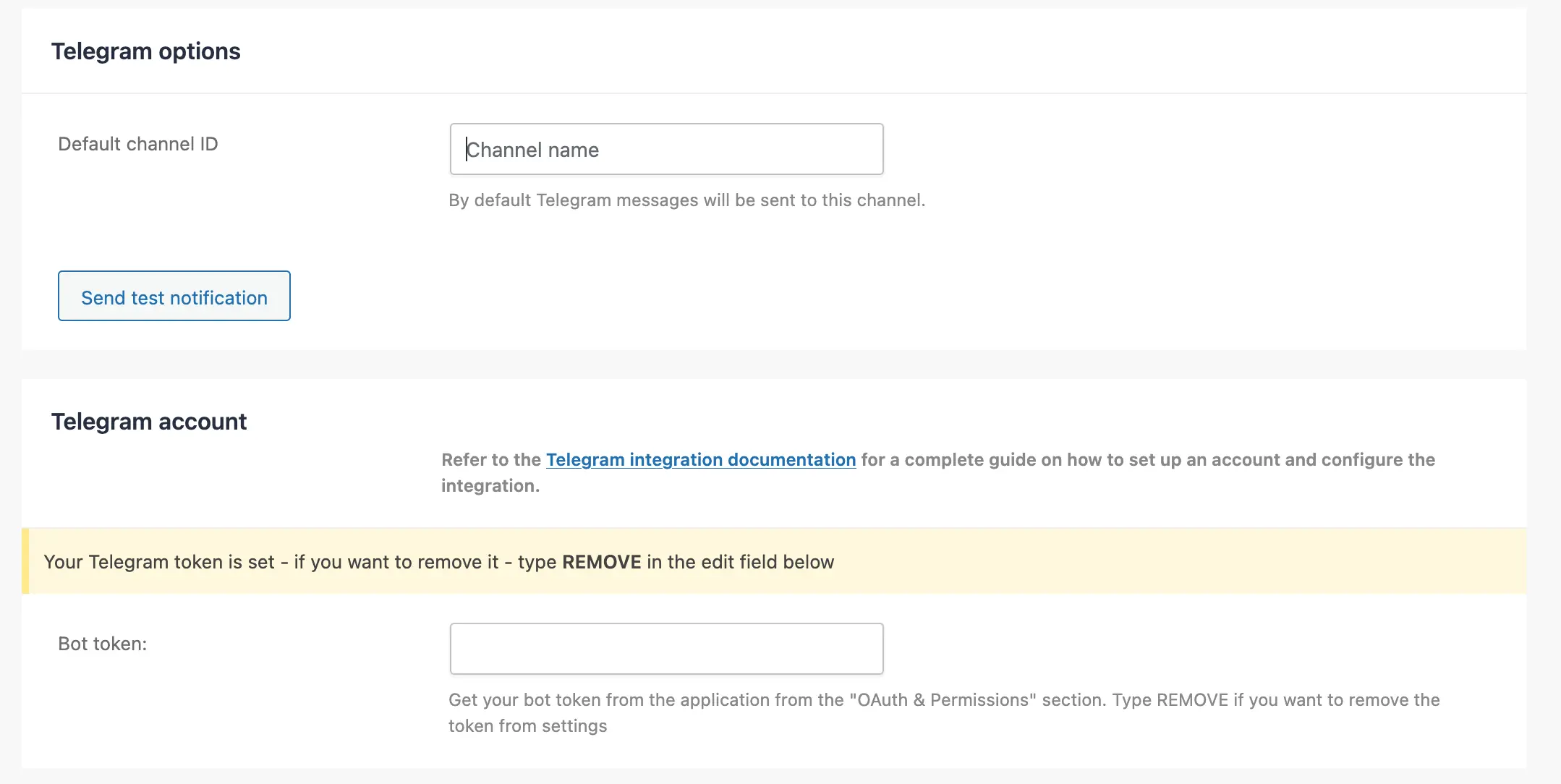Set the Telegram channel